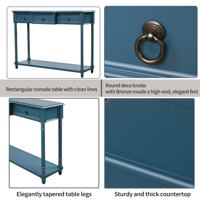 TREXM Console Table Sofa Table with Drawers for Entryway with Projecting Drawers and Long Shelf (Antique Navy)