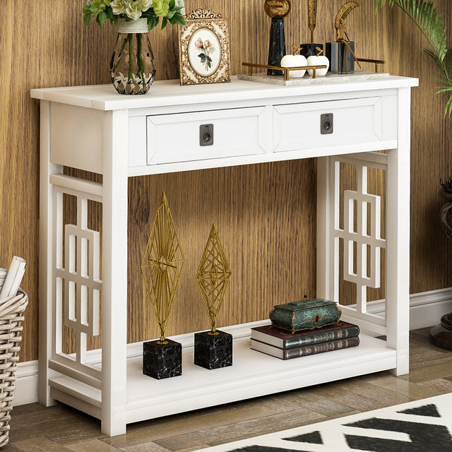 TREXM  Console Table with 2 Drawers and Bottom Shelf, Entryway Accent Sofa Table (White)