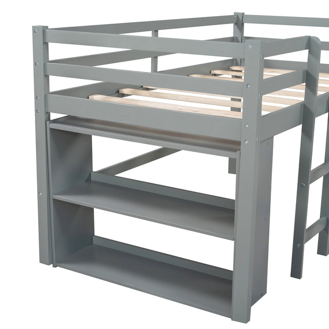 Twin Size L-Shaped Loft Bed with Movable Two-Tier Shelves and Slide,Gray