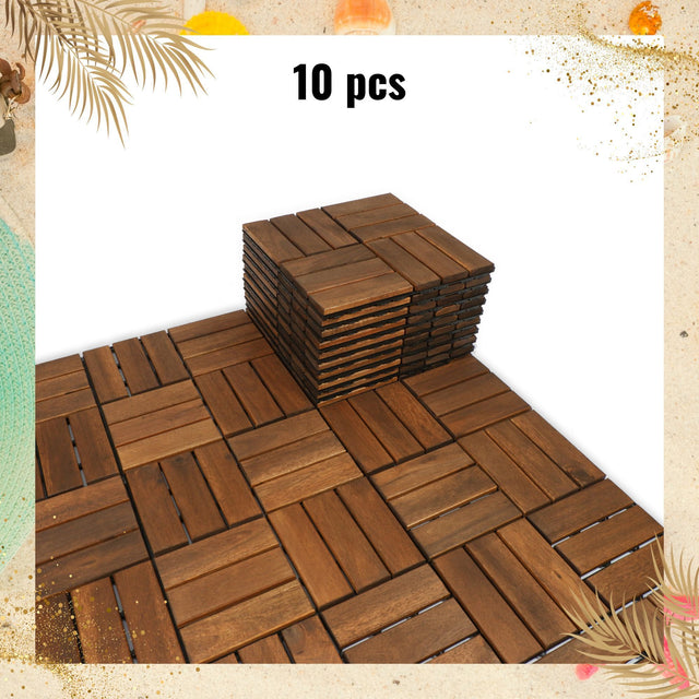 10 PCS Interlocking Deck Tiles Checker Pattern, 12" x 12" Square Acacia Hardwood Outdoor Flooring for Patio, Bancony, Pool Side,...