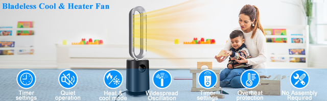 HealSmart 35-inch Space Heater Bladeless Tower Fan, Heater & Cooling Air Purifier, with Remote Control, Air Circulator Fan for Home Air Conditioner, black
