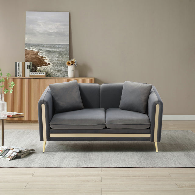 59” Modern Upholstered Velvet Loveseat Sofa 2 Seater Couch with Removable Cushions Side Pocket Mid-Century Tufted Living Room Set Gold Metal Legs,2 Pillows Included,Grey