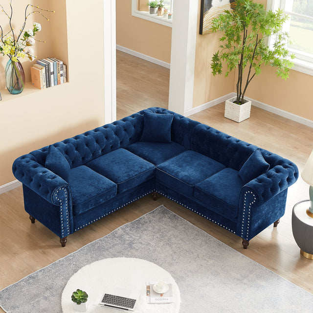 MH 80" Deep Button Tufted Upholstered Roll Arm Luxury Classic Chesterfield L-shaped Sofa 3 Pillows Included, Solid Wood Gourd Legs, Blue velvet