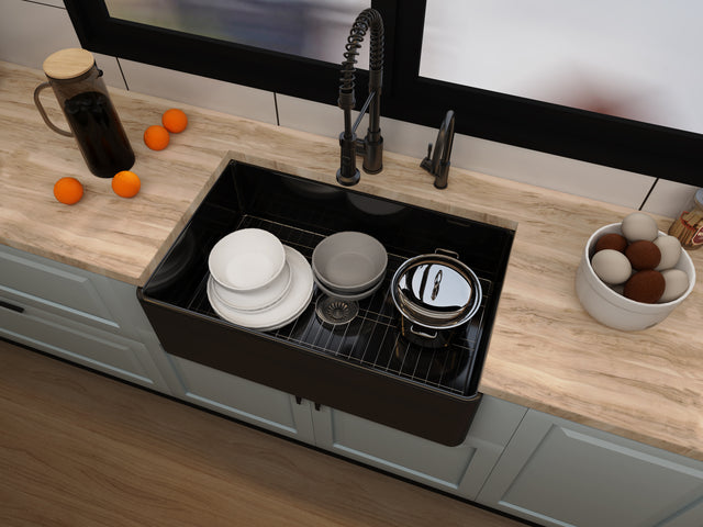 Matt Black Fireclay Farmhouse Kitchen Sink 33 inch Single Bowl Apron Sink with Bottom Grid in & Drain , Black Color