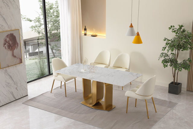 71" Contemporary Dining Table in Gold with Sintered Stone Top and  U shape Pedestal Base in Gold finish with 6 pcs Chairs .