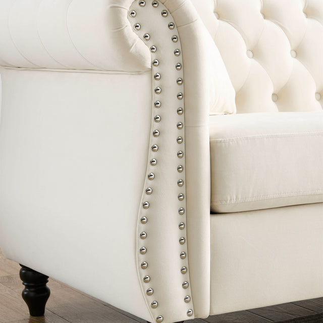 [Video] 80" Chesterfield Sofa Beige Velvet for Living Room, 3 Seater Sofa Tufted Couch with Rolled Arms and Nailhead for Living Room, Bedroom, Office, Apartment, two pillows