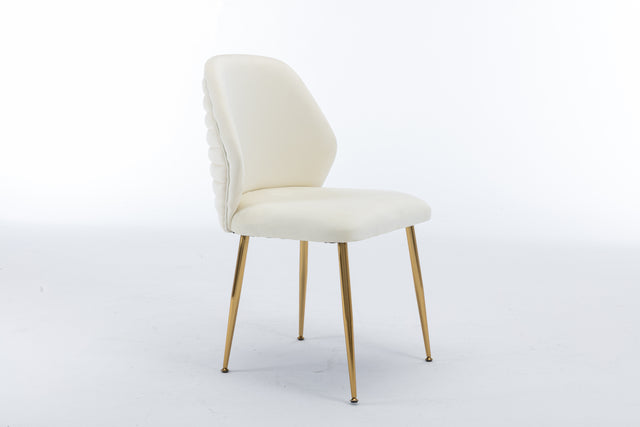 Modern Dining Chair Set of 2, Woven Velvet Upholstered Side Chairs with Barrel Backrest and Gold Metal Legs, Accent Chairs for Living Room Bedroom,Cream