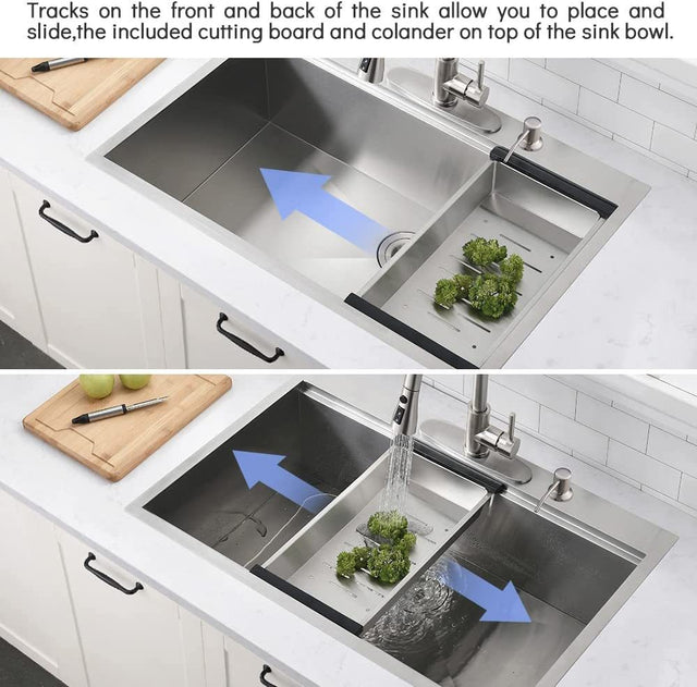 Workstation 33-inch Drop-In 16 Gauge Kitchen Sink R10 Radius Stainless Steel Kitchen Sink Single Bowl with Intergrated Ledge & Accessories (Pack of 5) -33"x22"x10"