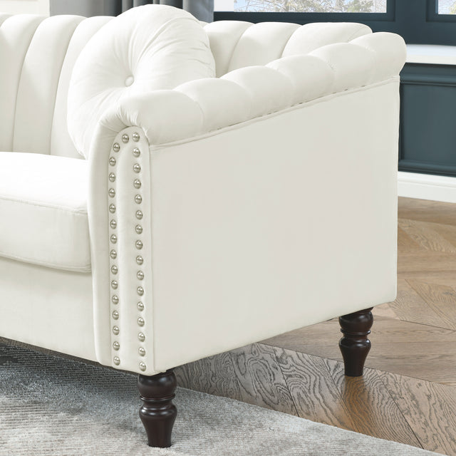 MH Modern Velvet Upholstered Sofa Couch, 3 Seat Tufted Back with Nail Arms with 2 pillows, Solid wood Legs, Sleeper Sofa for Living Room, Compact Living Space, Apartment, Bonus Room