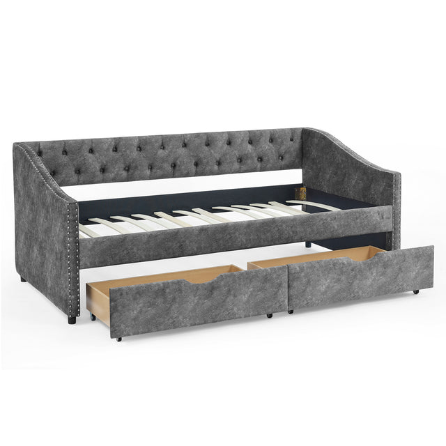 Twin Size Daybed with Drawers Upholstered Tufted Sofa Bed, with Button on Back and Copper Nail on Waved Shape Arms，Grey（81.5“x41”x30.5“）