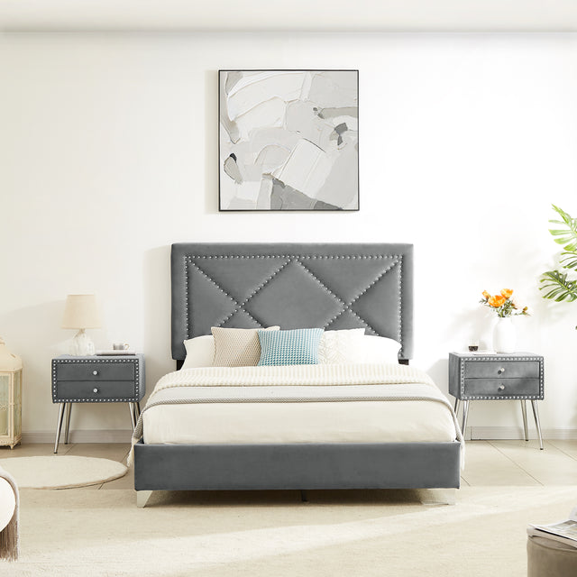 B109 Queen bed with two nightstands,Beautiful brass studs adorn the headboard, strong wooden slats + metal legs with Electroplate