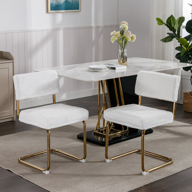 A&A Furniture,Modern Dining Chairs with Artificial Rabbit Hair,Gold Metal Base, Accent Armless Kitchen Chairs with Channel Tufting, Upholstered Fake Fur Fabric Side Chairs, Set of 2, White