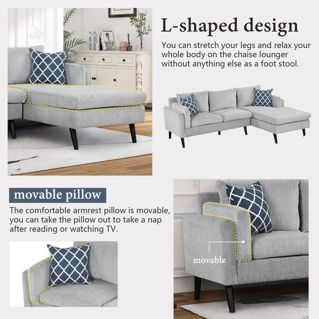 84.65" Modern Upholstered L-Shape Sofa Couch with Chaise and 2 Pillows,3-Seater Couch with rubber wood legs for Living Room,Apartment,Small Space,Light Gray
