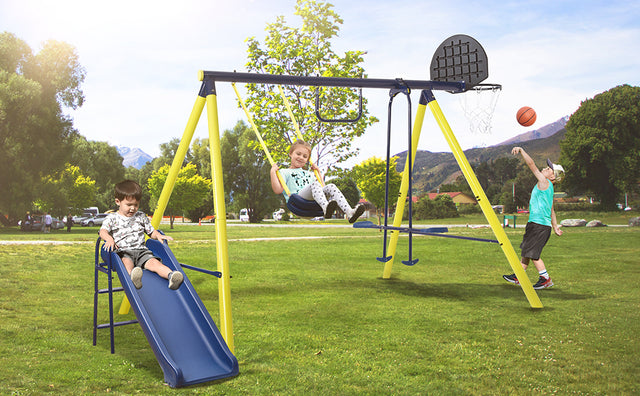 5 in 1 Outdoor Toddler Swing Set for Backyard, Playground Swing Sets with Steel Frame, Swing n' Slide Playset for Kids with Seesaw Swing, Basketball Hoop