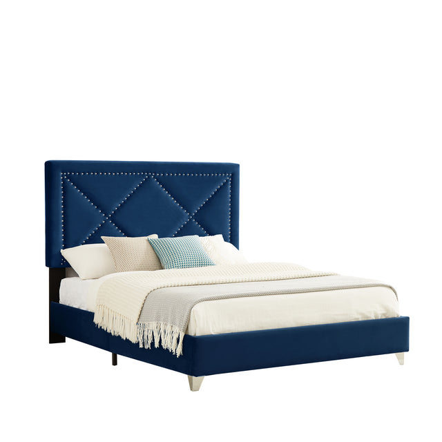 B109 Queen bed .Beautiful brass studs adorn the headboard, strong wooden slats + metal legs with Electroplate