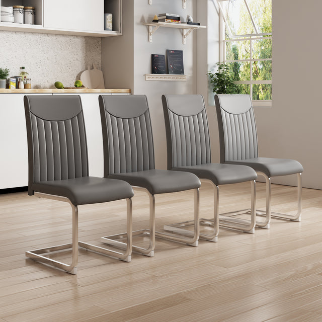 Modern Dining Plating leg Dining chair Chair, PU  Leather High Back Cushion Side  Chair with Vertical stripe backrest pattern for Dining Room Kitchen Vanity Patio Office Chair (Set of 4) (Grey+PU)