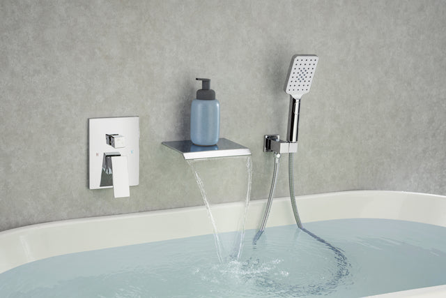 Waterfall Tub Faucet Wall Mount Roman Tub Filler Chrome Single Handle Brass Bathroom Bathtub Faucet with Hand Shower