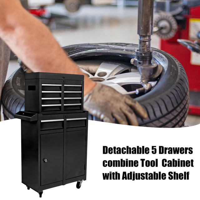 Detachable 5 Drawer Tool Chest with Bottom Cabinet and one Adjustable Shelf--Black