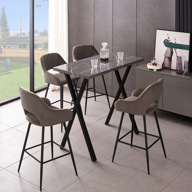 Bar Stools Set of 2 Velvet Gray Breakfast Dining Bar Stools Fixed Height Bar Chairs with Metal Frame and Footrest for Breakfast Bar, Counter, Kitchen and Home