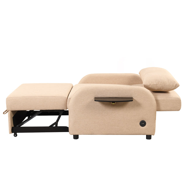pull out sofa sleeper 3 in 1 with 2 wing table and usb charge for nap line fabric for living room recreation room Beige