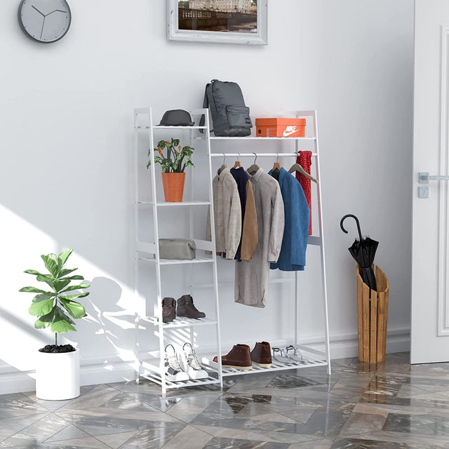 Clothes Rack,Heavy Duty Clothes Rack with Shelves,Freestanding Closet Organizer for Living Bedroom Room Kitchen Bathroom Entryway Office Storage Shelves Clothes Hanging Rack,CR-538 White