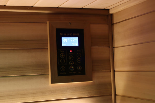 Outdoor Sauna for 4 Person,applicable indoors and outdoors. Far Infrared Sauna 8 Low EMF Heaters, Wooden Sauna Room 2050 Watt, mahogany wood, Chromotherapy, Bluetooth Speaker, LCD, LED.