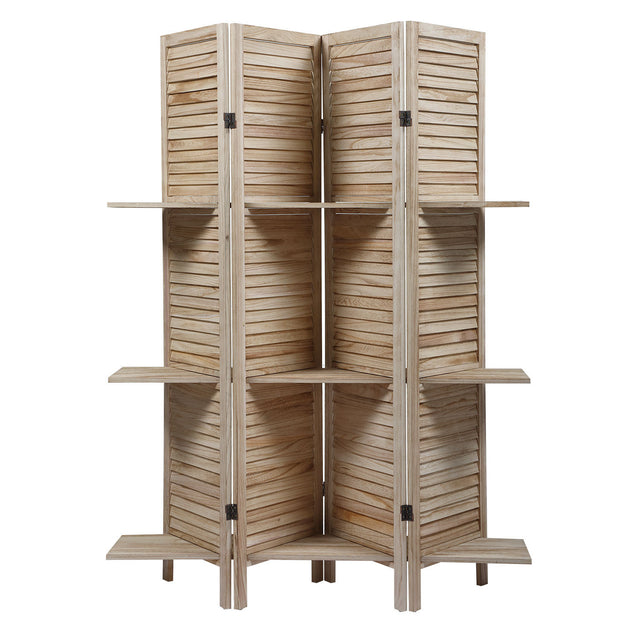 Sycamore wood 4 Panel Screen Folding Louvered Room Divider with shelving board- light burn