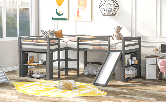 Twin Size L-Shaped Loft Bed with Movable Two-Tier Shelves and Slide,Gray
