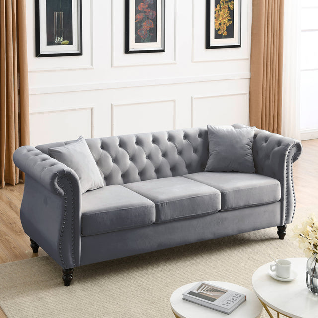 [Video] 80" Chesterfield Sofa Grey Velvet for Living Room, 3 Seater Sofa Tufted Couch with Rolled Arms and Nailhead for Living Room, Bedroom, Office, Apartment, two pillows