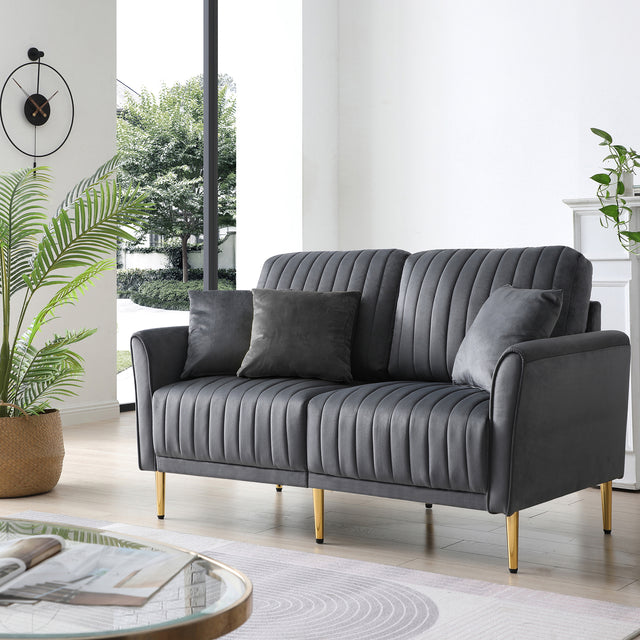Charcoal Grey 2 Seat Round Arm with Channel Tufted Loveseat Sofa