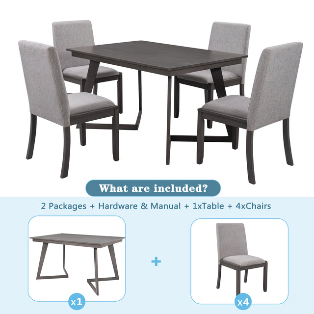 TOPMAX 5-Piece Dining Set, Wood Rectangular Table with 4 Linen Fabric Chairs, Gray