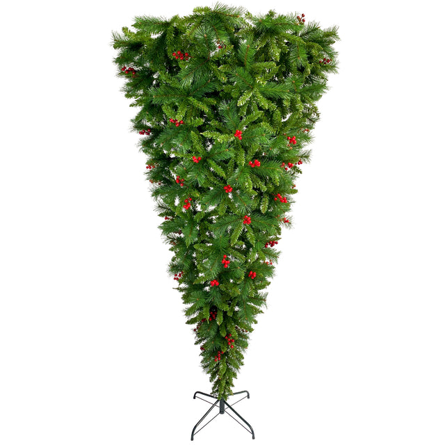 GO 7.4 ft Upside Down Green Christmas Tree Hinged Spruce Full Tree, 1500 branch tips, with Red Artificial Berries, PVC Pine Needles, Artificial Holiday Christmas Pine Tree for Home, Office, Party.