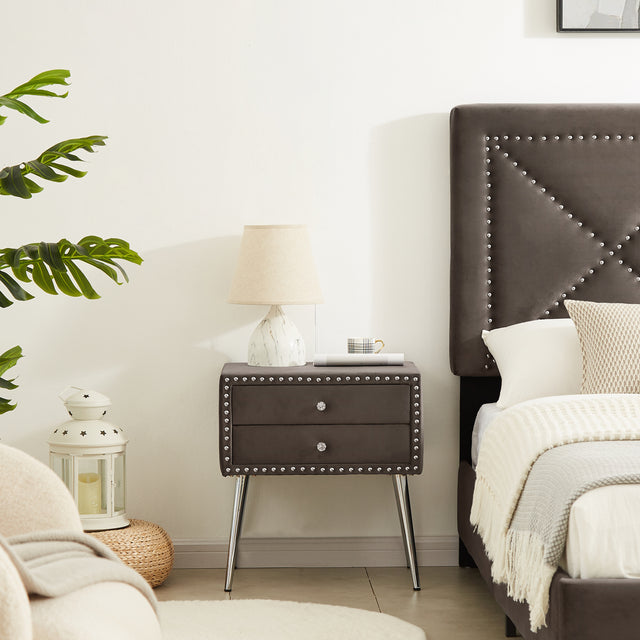 B109 Queen bed with two nightstands,Beautiful brass studs adorn the headboard, strong wooden slats + metal legs with Electroplate