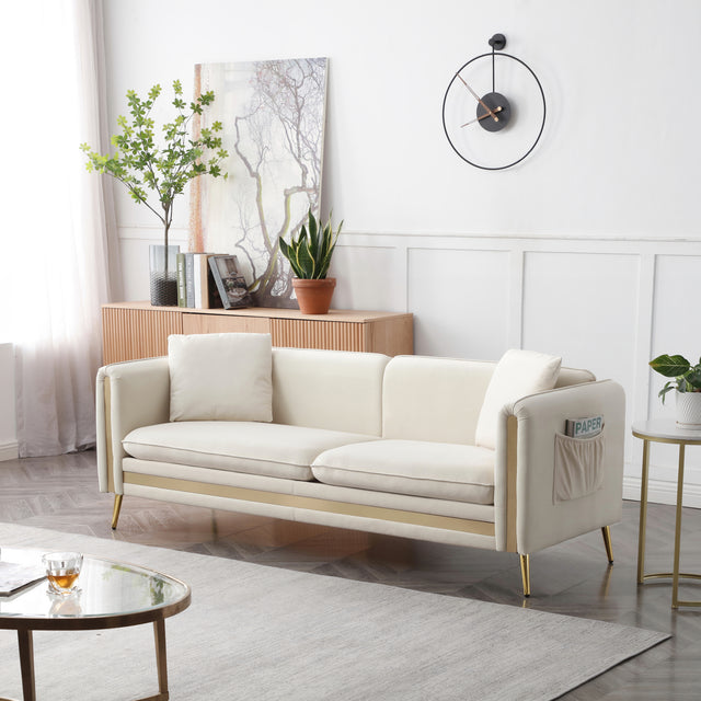 77.2” Modern Upholstered Velvet Sofa 3 Seater Couch with Removable Cushions Side Pocket Mid-Century Tufted Living Room Set Gold Metal Legs,2 Pillows Included,Beige