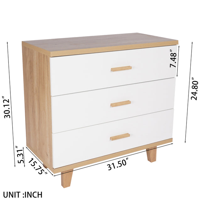 Three Drawer Storage Cabinet  Dresser Bedside Table Chest Simple Bedroom Furniture Solid Wood Feet and Handles Fashionable Bedside Cabinet