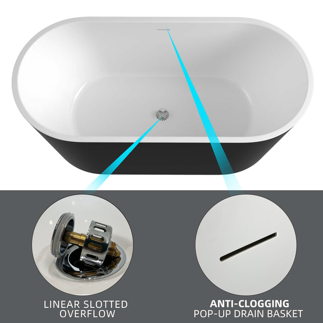59" Acrylic Free Standing Tub - Classic Oval Shape Soaking Tub, Adjustable Freestanding Bathtub with Integrated Slotted Overflow and Chrome Pop-up Drain Anti-clogging Gloss Black