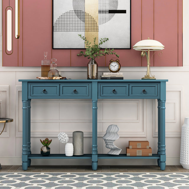 TREXM Console Table Sofa Table with Drawers and Long Shelf Rectangular Living Room Table Solid Wood (Antique Navy)