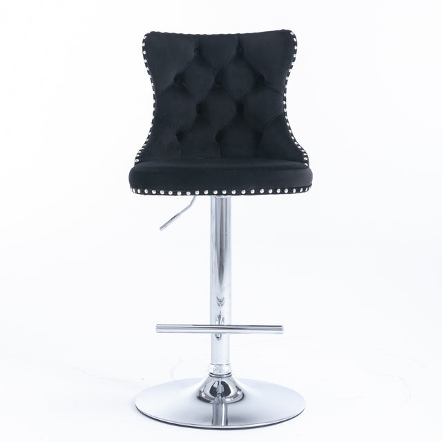 A&A Furniture,Swivel Velvet Barstools Adjusatble Seat Height from 25-33 Inch, Modern Upholstered Chrome base Bar Stools with Backs Comfortable Tufted for Home Pub and Kitchen Island（Black,Set of 2）