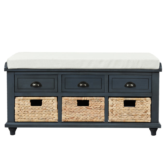 TREXM Rustic Storage Bench with 3 Drawers and 3 Rattan Baskets, Shoe Bench for Living Room, Entryway (Antique Navy)