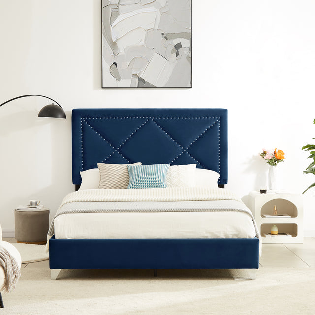 B109 Queen bed .Beautiful brass studs adorn the headboard, strong wooden slats + metal legs with Electroplate