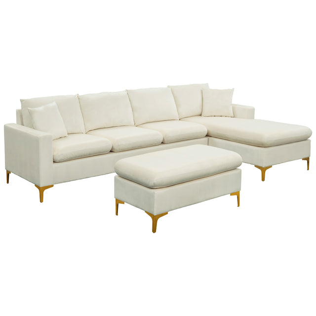 【EAT 3.10】110.6" Sectional Sofa with Ottoman, L-Shape Elegant Velvet Upholstered Couch with 2 Pillows for Living Room Apartment,Cream White