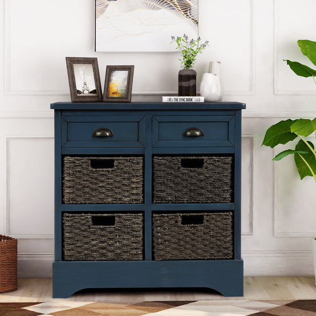 TREXM Rustic Storage Cabinet with Two Drawers and Four  Classic Rattan Basket for Dining Room/Entryway/Living Room (Antique Navy)