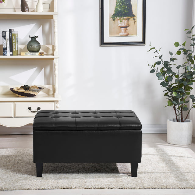 Faux Leather Upholstery Storage  Ottoman Black
