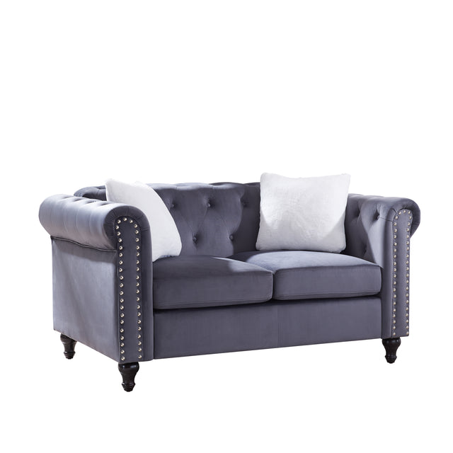 Loveseat  Living Room Sofa, with Button and Copper Nail on Arms and Back, Two White Villose Pillow, Velvet Grey (60"x34.5"x30")