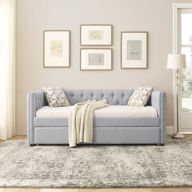 Daybed with Trundle Upholstered Tufted Sofa Bed, with Button and Copper Nail on Square Arms，both Twin Size, Grey（85“x42.5”x31.5“）（Old SKU W487S00045）