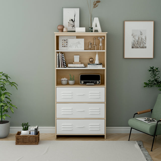 Storage Cabinet,Moline standard bookcase, 6-Shelf, Multipurpose Shelf Display Rack with Classic Tubes, Open Shelf, Industrial Bookshelf with 3 metal drawers, Space Saving