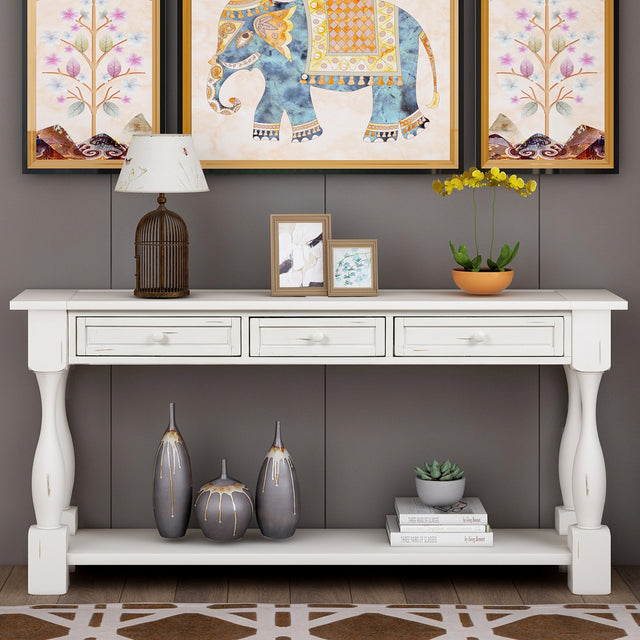 TREXM Console Table 64" Long Sofa Table Easy Assembly with Drawers and Shelf for Entryway, Hallway, Living Room (Antique White)