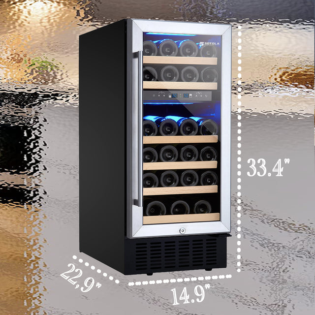 SOTOLA 15 Dual Zone Inch Wine Cooler Refrigerators 28 Bottle Fast Cooling Low Noise Wine Fridge with Professional Compressor Stainless Steel, Digital Temperature Control Screen Built-in or Freestandin