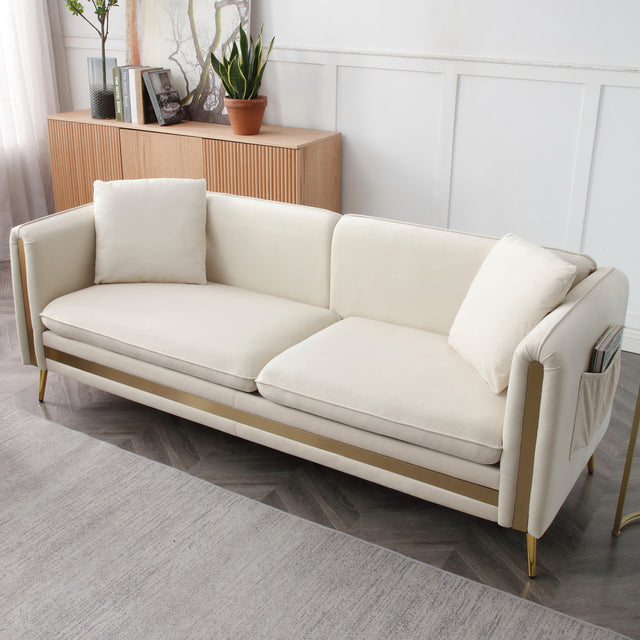 77.2” Modern Upholstered Velvet Sofa 3 Seater Couch with Removable Cushions Side Pocket Mid-Century Tufted Living Room Set Gold Metal Legs,2 Pillows Included,Beige