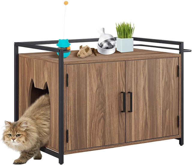 Hidden Cat Litter Box Furniture with Ventilation and Bench Seat, Pet Crate with Iron and Wood Sturdy Structure